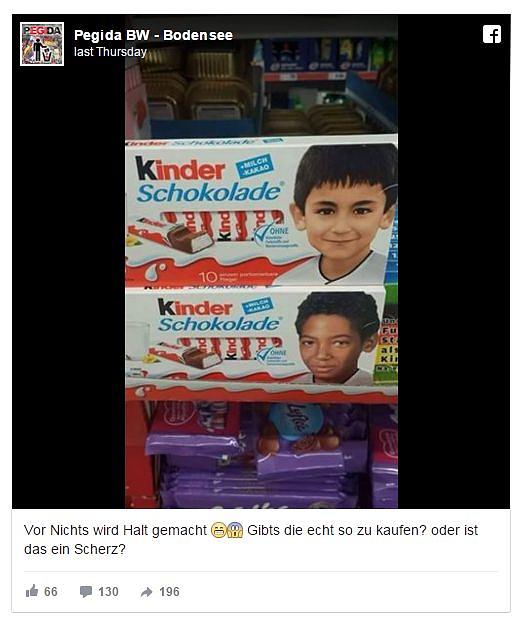 Der Original-Post der Facebook-Gruppe "Pegida BW Bodensee" zu den Kinderschokolade-Verpackungen: Zwei Kinderschokolade-Packungen mit Kinderfotos von Jerome Boateng und Ilkay Gündogan. Darunter der Kommentar: "Vor nichts wird halt gemacht. Gibt's die wirklich so zu kaufen oder ist das ein Scherz?" Der Original-Post der Facebook-Gruppe "Pegida BW Bodensee" zu den Kinderschokolade-Verpackungen: Zwei Kinderschokolade-Packungen mit Kinderfotos von Jerome Boateng und Ilkay Gündogan. Darunter der Kommentar: "Vor nichts wird halt gemacht. Gibt's die wirklich so zu kaufen oder ist das ein Scherz?"