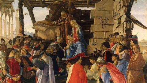 Sandro Boticelli: Anbetung der Könige (um 1473/75). Die Figur am rechten Bildrand könnte der Künstler selbst sein, vermuten einige Experten.