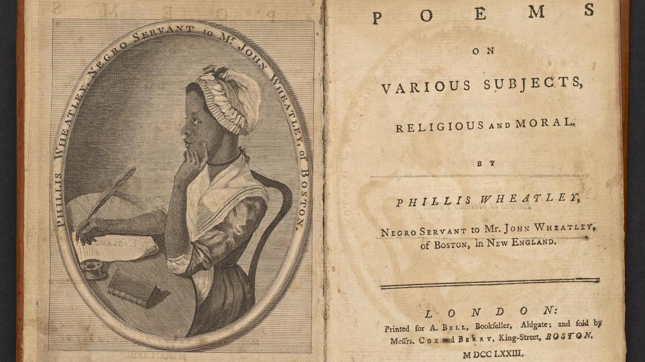 Das Buch "Poems on Various Subjects, Religious and Moral" von 1773 zeigt ein Frontispiz der 20-jährigen Autorin Phillis Wheatley. Das Buch "Poems on Various Subjects, Religious and Moral" von 1773 zeigt ein Frontispiz der 20-jährigen Autorin Phillis Wheatley.