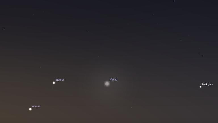 Morgen früh bilden Venus, Jupiter und die Mondsichel ein hübsches Dreieck.