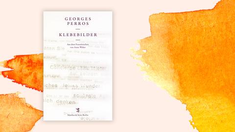 Das Buchcover von "Klebebilder" vor orangefarbenem Hintergrund.