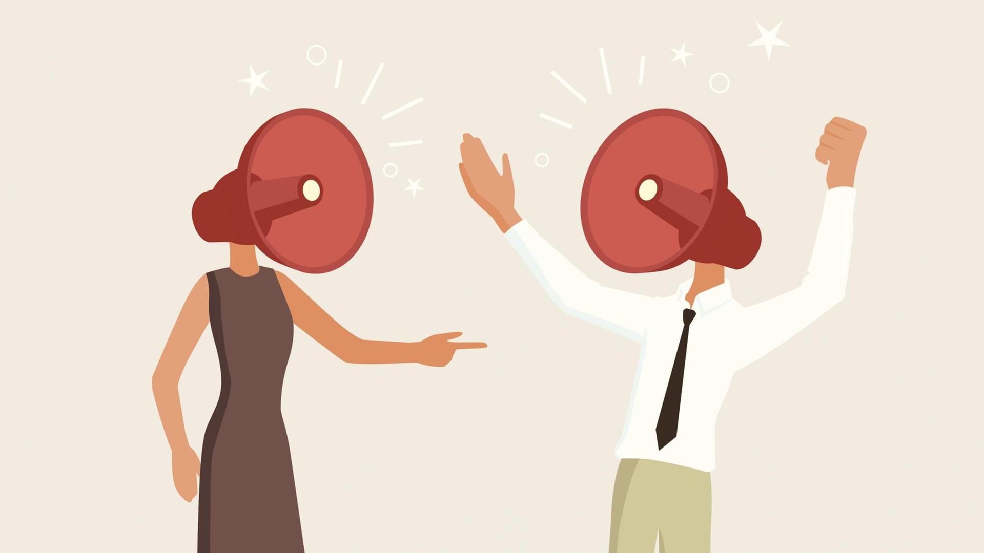 Illustration eines streitenden Paares, Mann und Frau, ihre Köpfe sind Megafone. Illustration eines streitenden Paares, Mann und Frau, ihre Köpfe sind Megafone.