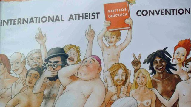 Nackt sind alle Menschen gleich: Mit dieser Botschaft begrüßt der Internationale Bund der Konfessionslosen und Atheisten, kurz IBKA, seine Besucher beim Kölner Kongress