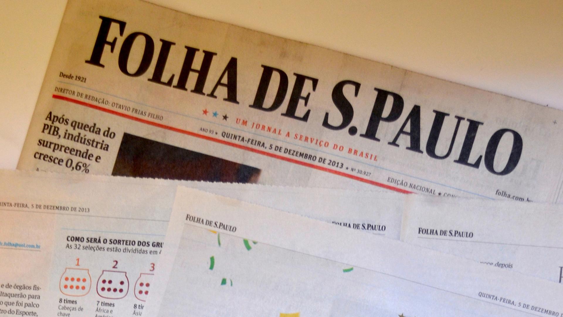 Die brasilianische Zeitung Folha de Sao Paulo zu sehen, fotografiert am 05.12.2013 in Rio de Janeiro, Brasilien. Die brasilianische Zeitung Folha de Sao Paulo zu sehen, fotografiert am 05.12.2013 in Rio de Janeiro, Brasilien.