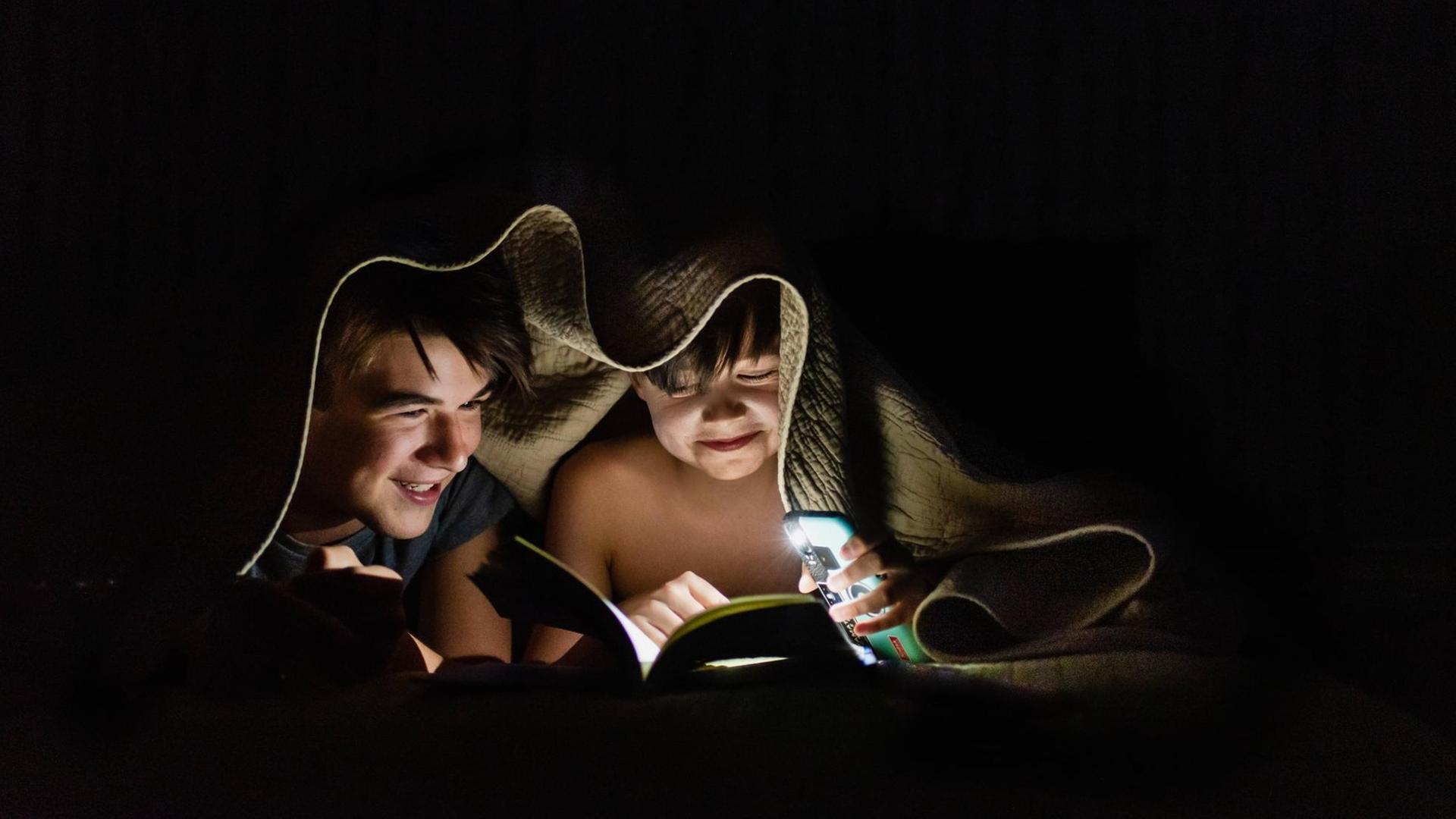 Brothers reading a book under a blanket by flashlight at night. Kingston, ON, Canada PUBLICATIONxINxGERxSUIxAUTxONLY CR_DOHO200717O-443777-01 ,model released, Symbolfoto Brothers reading a book under a blanket by flashlight at night. Kingston, ON, Canada PUBLICATIONxINxGERxSUIxAUTxONLY CR_DOHO200717O-443777-01 ,model released, Symbolfoto