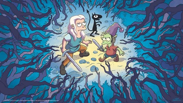 Die Hauptfiguren aus der neuen Serie "Disenchantment" von Matt Groening: Prinzessin Bean, Elfo und Luci,der Dämon. Die Hauptfiguren aus der neuen Serie "Disenchantment" von Matt Groening: Prinzessin Bean, Elfo und Luci,der Dämon.