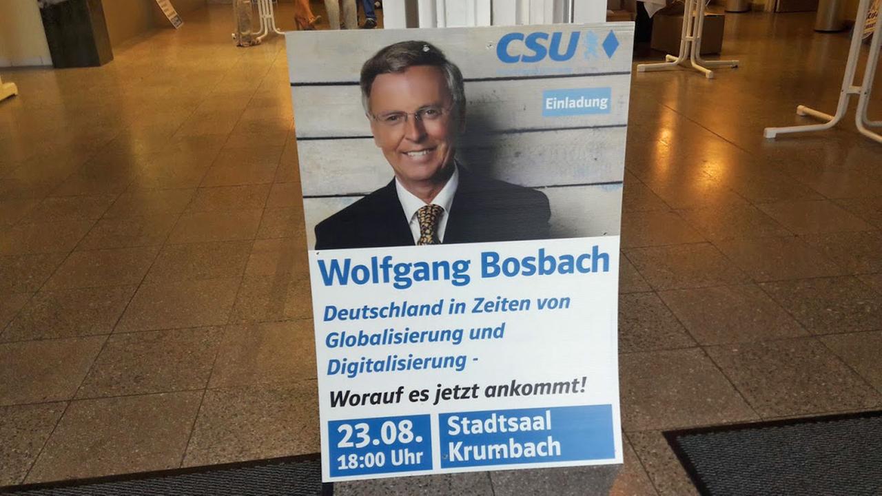 Ein Plakat kündigt den Auftritt des CDU-Politikers Wolfgang Bosbach an. Ein Plakat kündigt den Auftritt des CDU-Politikers Wolfgang Bosbach an.