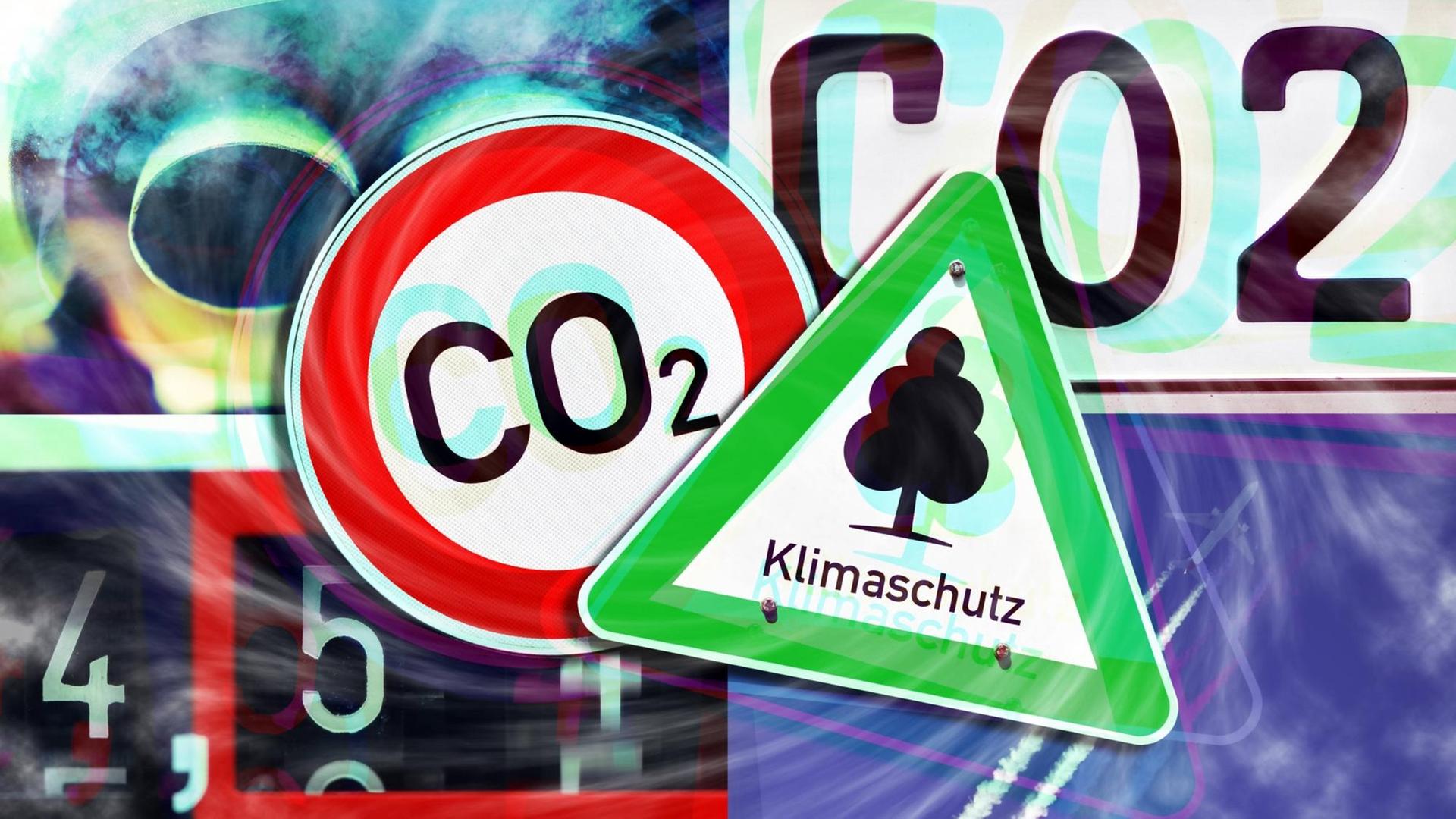FOTOMONTAGE aus Autoauspuff, CO2-Nummernschild, Heizungszähler, Flugzeug mit Kondensstreifen und Klimaschutz-Schild und CO2-Verbotsschild. FOTOMONTAGE aus Autoauspuff, CO2-Nummernschild, Heizungszähler, Flugzeug mit Kondensstreifen und Klimaschutz-Schild und CO2-Verbotsschild.