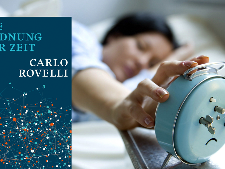 Cover von Carlo Rovelli: "Die Ordnung der Zeit"; im Hintergrund ist eine Frau im Bett zu sehen, die einen Wecker ausschaltet