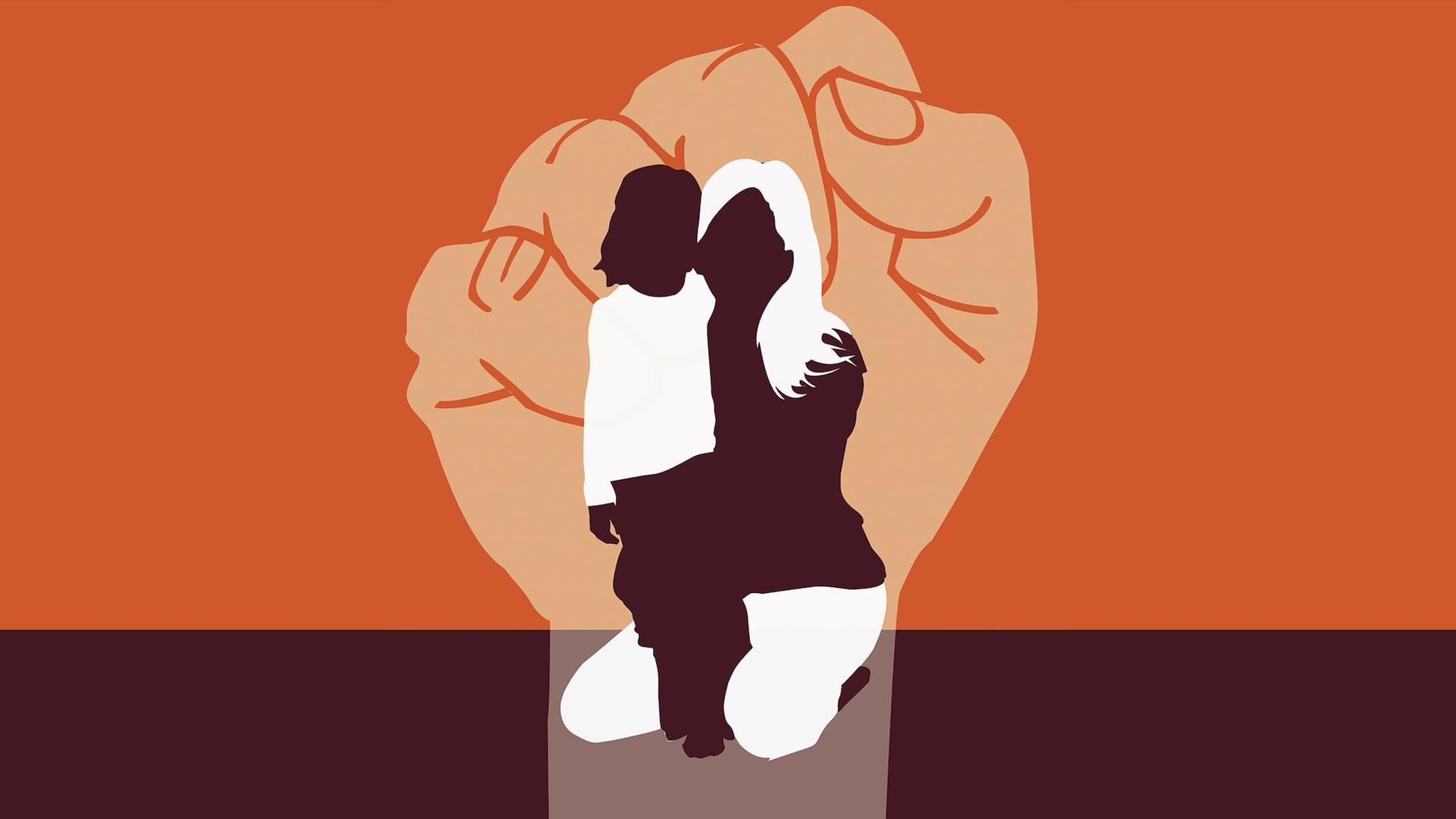 Mutter und Kind mit großer Faust im Hintergrund (Illustration) Mutter und Kind mit großer Faust im Hintergrund (Illustration)