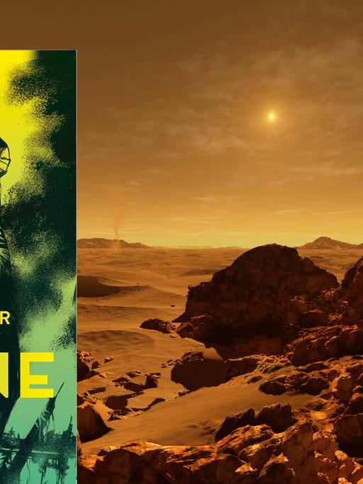 Vor dem Hintergrund einer Marslandschaft sieht man das Cover von Jeff Vandermeers Roman "Borne".