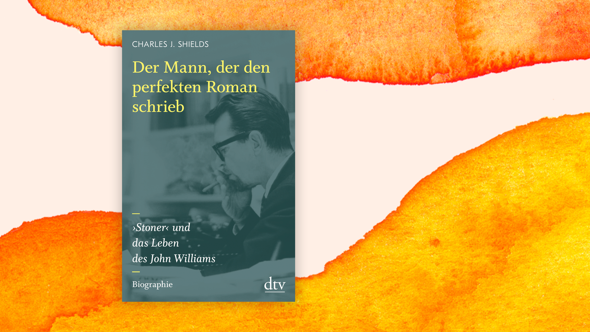 Buchcover von "Der Mann, der den perfekten Roman schrieb" von Charles J. Shields über das Leben von Johan Williams vor orangefarbenem Aquarell-Hintergrund. Buchcover von "Der Mann, der den perfekten Roman schrieb" von Charles J. Shields über das Leben von Johan Williams vor orangefarbenem Aquarell-Hintergrund.