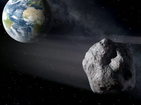 Screenshot einer NASA-Computeranimation: Der Asteroid 2012 DA14 passiert die Erde
