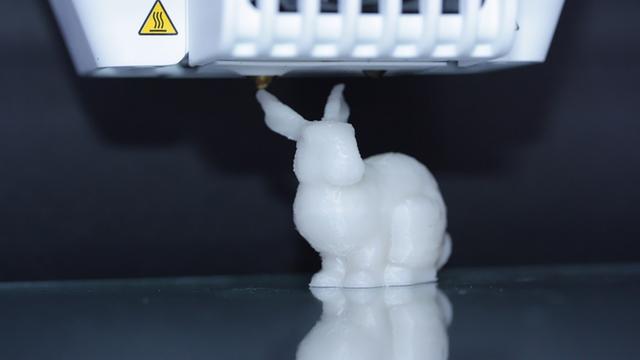 Ein 3D-Drucker druckt einen Kunststoffhasen. Im Kunststoff sind DNA-Moleküle enthalten, in denen die Druckanleitung kodiert ist.