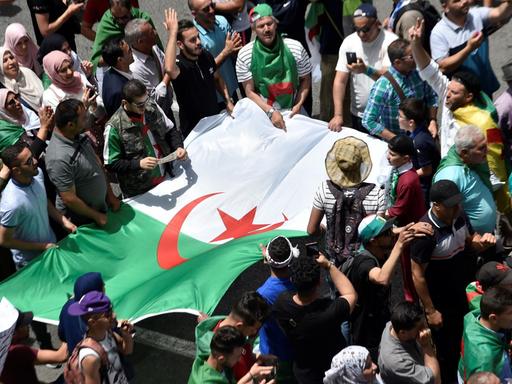 Algerische Demonstranten halten die Nationalflagge während ihrer Proteste in der Hauptstadt Algier