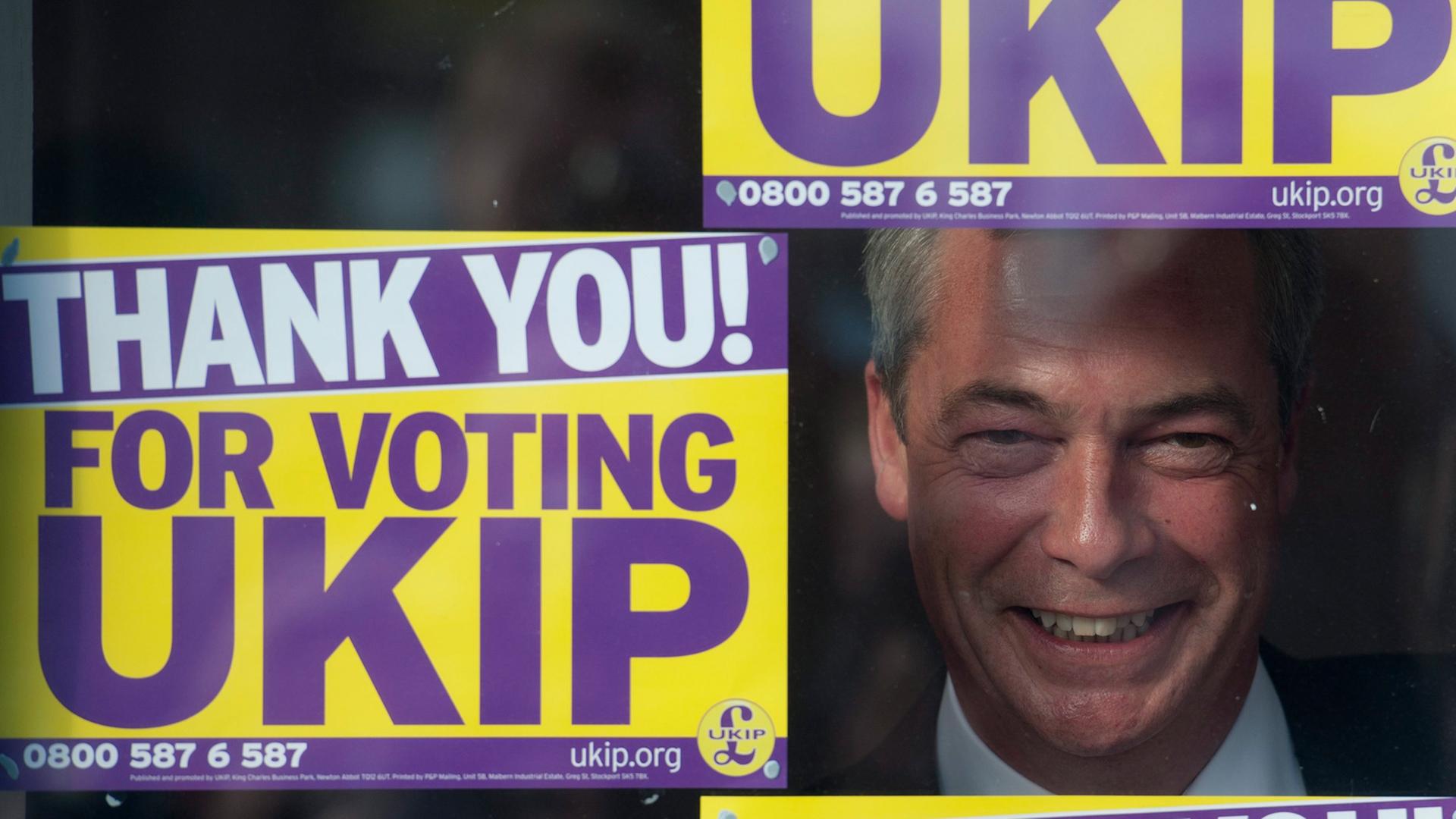 UKIP-Parteichef Nigel Farage schaut durch ein Fenster des Wahlkampfbüros in Clacton-on-Sea, neben, über und unter ihm Plakate mit der Aufschrift "Thank you for voting UKIP" UKIP-Parteichef Nigel Farage schaut durch ein Fenster des Wahlkampfbüros in Clacton-on-Sea, neben, über und unter ihm Plakate mit der Aufschrift "Thank you for voting UKIP"