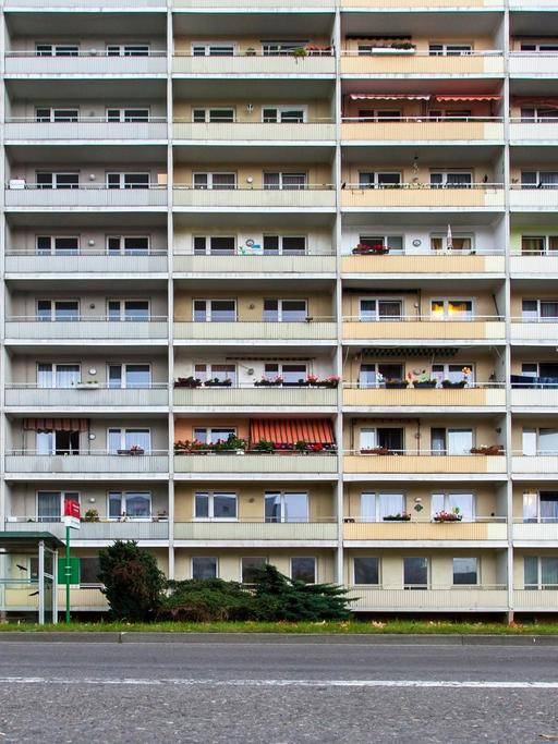 Ein Wohnblock im Plattenbaustil aus Zeiten der DDR ist in der Neustadt von Hoyerswerda in Sachsen zu sehen.
