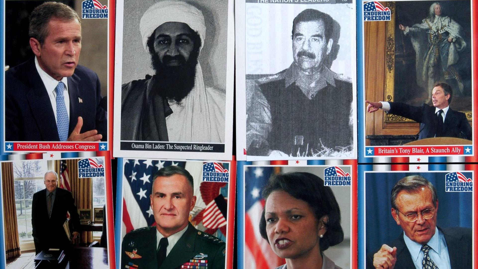 Ein Kartenspiel mit Konterfeis verschiedener Akteure, die im Golf- und Irakkrieg beteiligt waren. Von oben nach unten und links nach rechts. Georg W. Bush, Osama bin Laden, Saddam Hussein, der britische Premierminister Tony Blair, der ehem. US-Vize-Präsident Dick Cheney, US-Außenministerin Condolezza Rice, und US-US-Verteidigungsminister Donald Rumsfeld. Ein Kartenspiel mit Konterfeis verschiedener Akteure, die im Golf- und Irakkrieg beteiligt waren. Von oben nach unten und links nach rechts. Georg W. Bush, Osama bin Laden, Saddam Hussein, der britische Premierminister Tony Blair, der ehem. US-Vize-Präsident Dick Cheney, US-Außenministerin Condolezza Rice, und US-US-Verteidigungsminister Donald Rumsfeld.