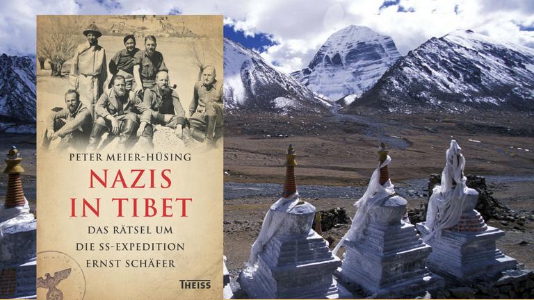 Das Buchcover des Buches "Nazis in Tibet. Das Rätsel um die SS-Expedition Ernst Schäfer" von Peter Meier-Hüsing. Im Hintergrund das Dirapuk Monastery nahe des Mount Kailash in Tibet.