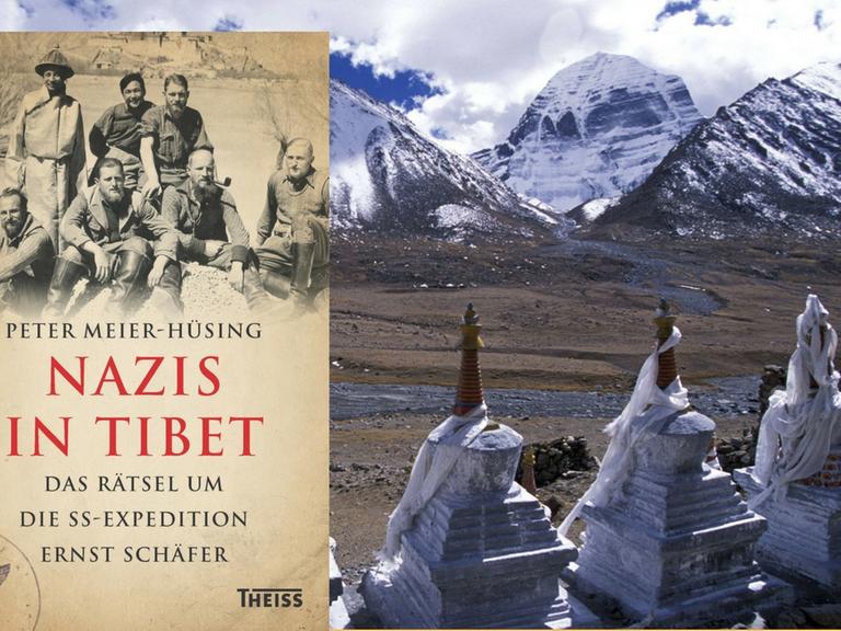 Das Buchcover des Buches "Nazis in Tibet. Das Rätsel um die SS-Expedition Ernst Schäfer" von Peter Meier-Hüsing. Im Hintergrund das Dirapuk Monastery nahe des Mount Kailash in Tibet.