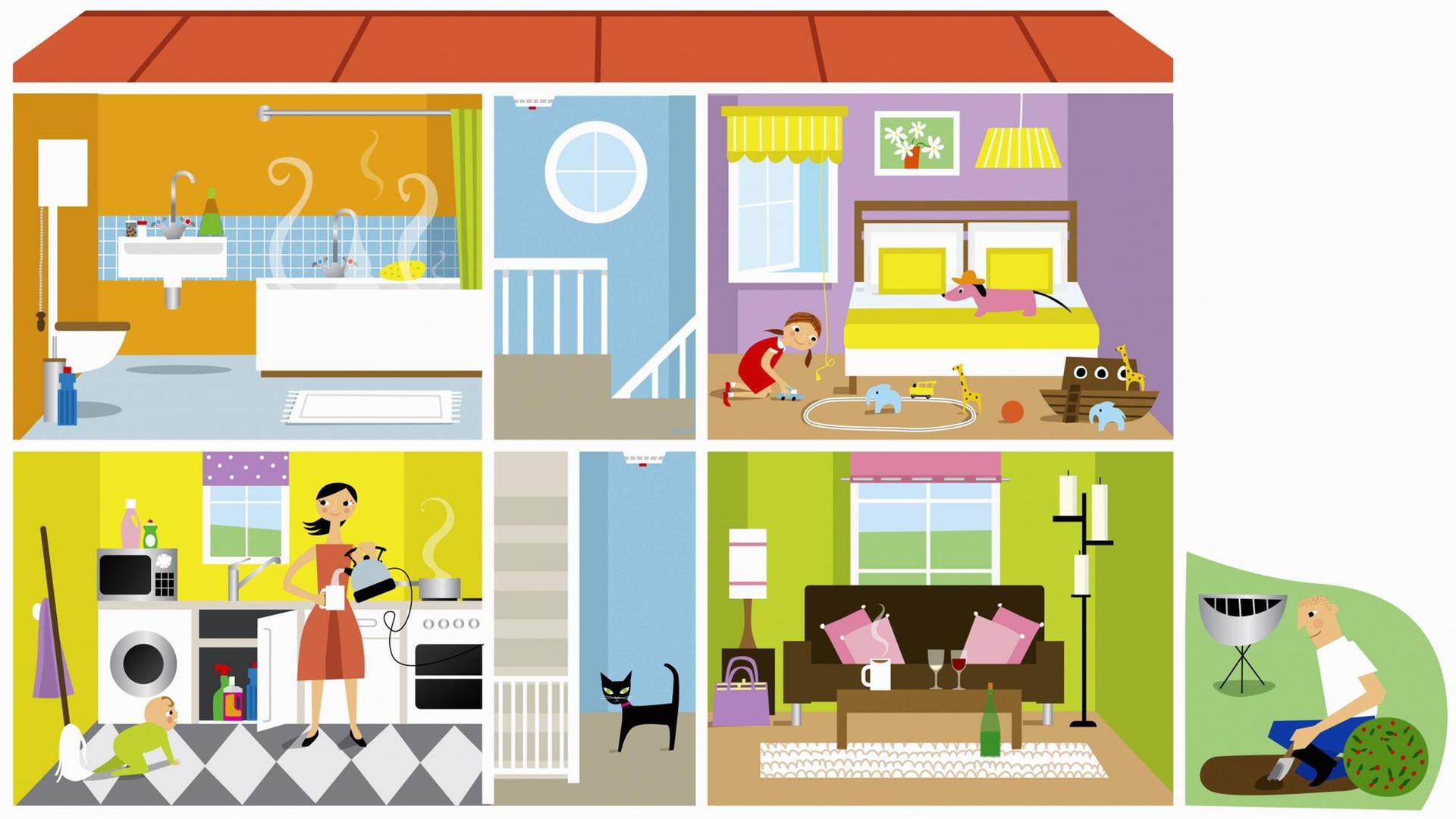 Querschnitt durch ein Haus. Zwei Zimmer, Küche, Bad. Querschnitt durch ein Haus. Zwei Zimmer, Küche, Bad.