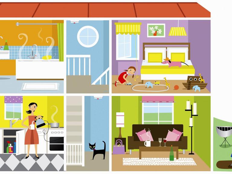 Querschnitt durch ein Haus. Zwei Zimmer, Küche, Bad.