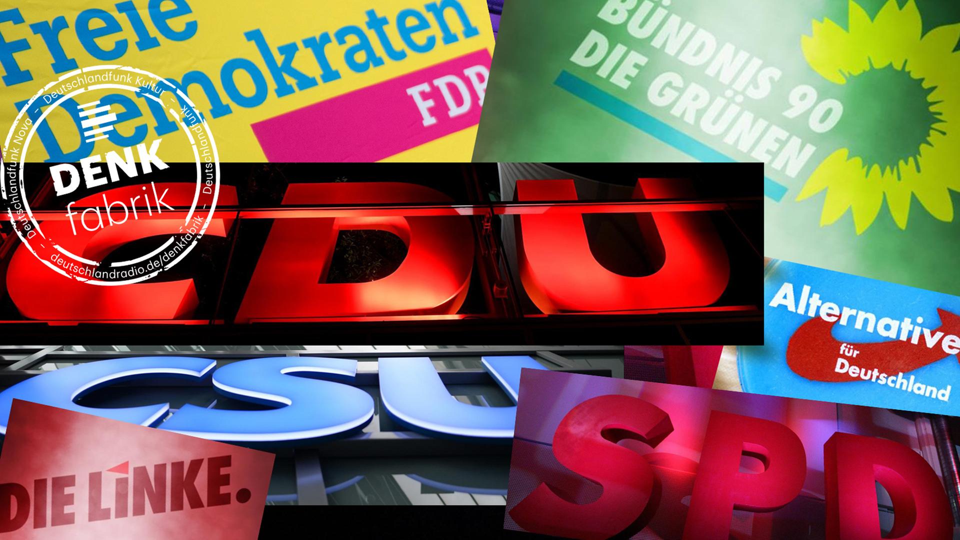 Logos der Die Logos der Parteien CDU, CSU, SPD, die Grünen, FDP, Die Linke und AfD in einer Collage angeordnet. Im Bild ein weißer Stempel mit Schrift "Denkfabrik" des Deutschalndfunk