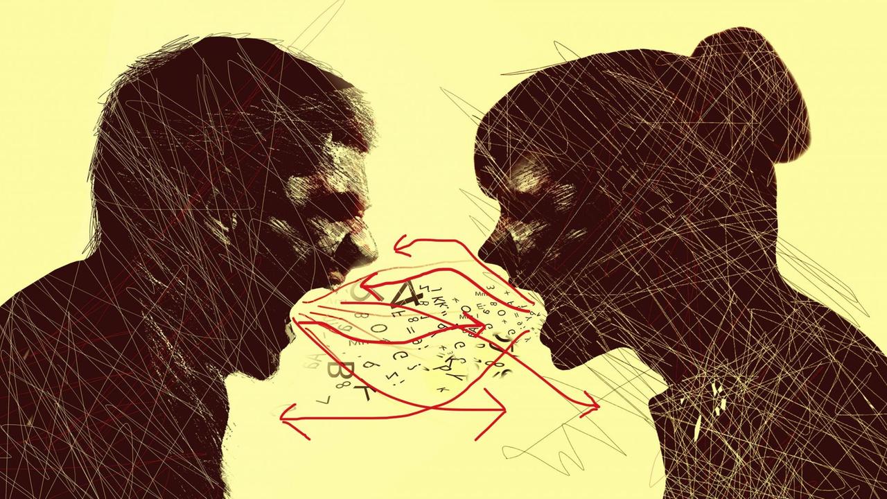 Grafik: Eine Frau und ein Mann schreien sich an. Grafik: Eine Frau und ein Mann schreien sich an.