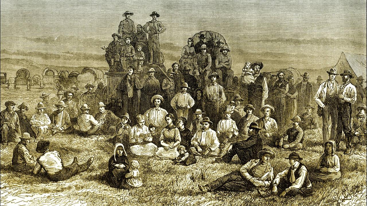Historische Szene aus den USA: Feldlager oder Versammlung der Mormonen oder der Kirche Jesu Christi der Heiligen der Letzten Tage um 1840 (Reproduktion). Historische Szene aus den USA: Feldlager oder Versammlung der Mormonen oder der Kirche Jesu Christi der Heiligen der Letzten Tage um 1840 (Reproduktion).