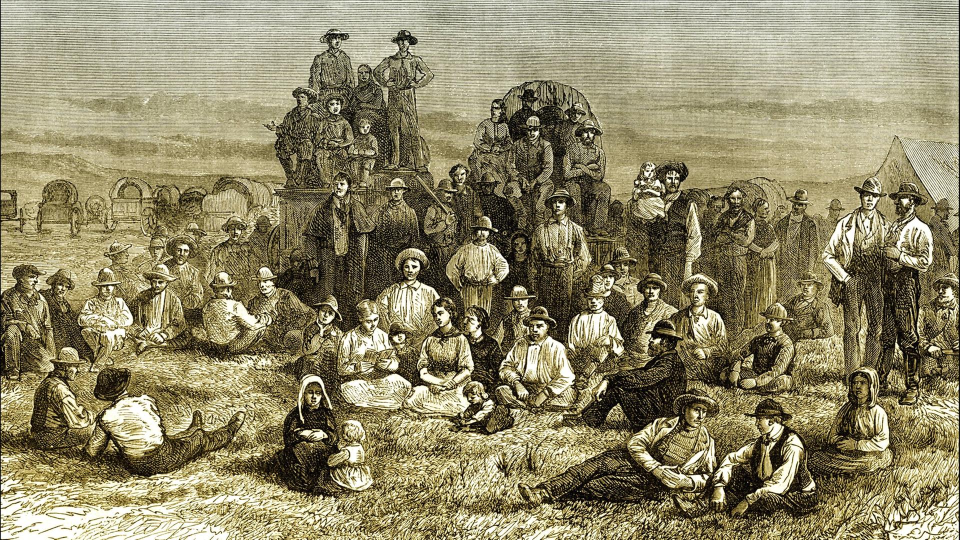 Historische Szene aus den USA: Feldlager oder Versammlung der Mormonen oder der Kirche Jesu Christi der Heiligen der Letzten Tage um 1840 (Reproduktion). Historische Szene aus den USA: Feldlager oder Versammlung der Mormonen oder der Kirche Jesu Christi der Heiligen der Letzten Tage um 1840 (Reproduktion).