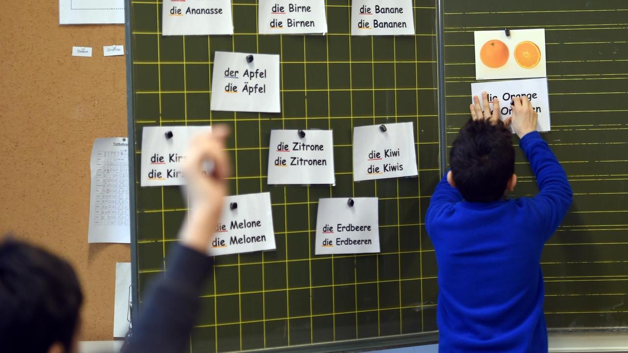 Kinder einer Willkommensklasse nehmen in Berlin in der Leo-Lionni Grundschule am Deutschunterricht teil. Kinder einer Willkommensklasse nehmen in Berlin in der Leo-Lionni Grundschule am Deutschunterricht teil.