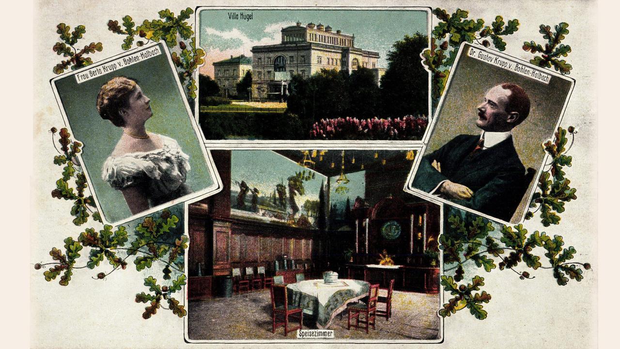 Historische Postkarte: Berta Krupp und Gustav von Bohlen und Halbach, im Hintergrund die 1870-73 von Alfred Krupp gebaute Villa Hügel Historische Postkarte: Berta Krupp und Gustav von Bohlen und Halbach, im Hintergrund die 1870-73 von Alfred Krupp gebaute Villa Hügel