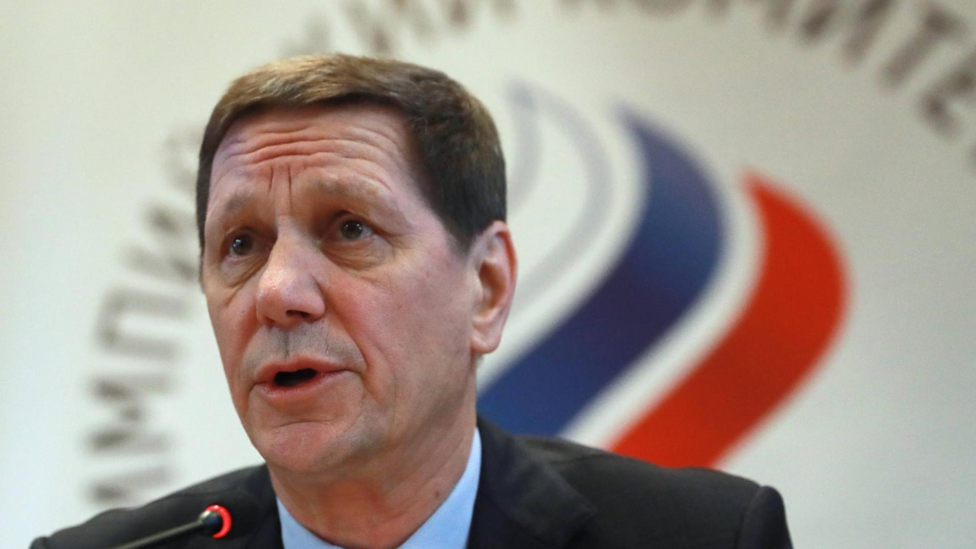 Der russische NOK-Präsident Alexander Schukow bei einer Versammlung des Russischen Olympischen Komitees. Der russische NOK-Präsident Alexander Schukow bei einer Versammlung des Russischen Olympischen Komitees.
