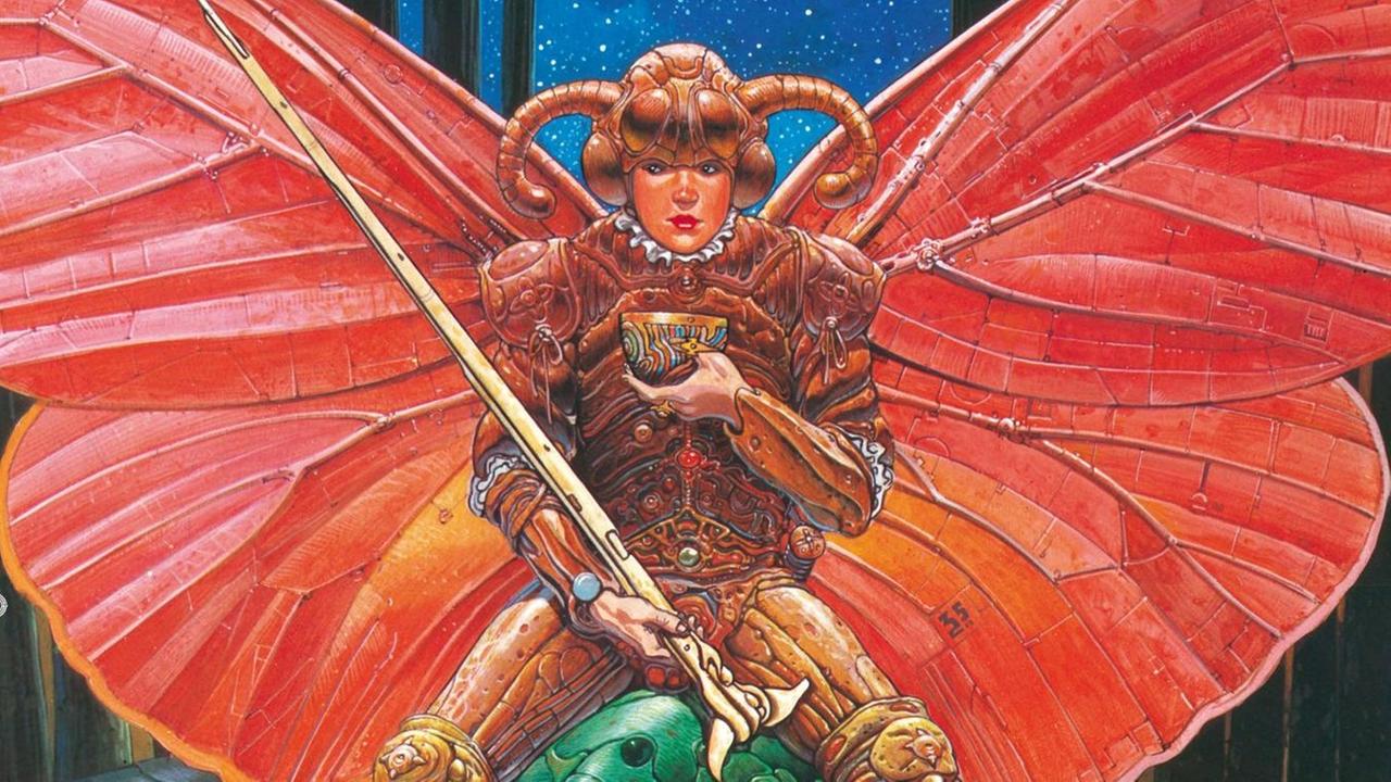 Zeichnung aus einem Moebius-Comic: ein leuchtend rotes Fantasiewesen mit Schmetterlingsflügeln. Zeichnung aus einem Moebius-Comic: ein leuchtend rotes Fantasiewesen mit Schmetterlingsflügeln.