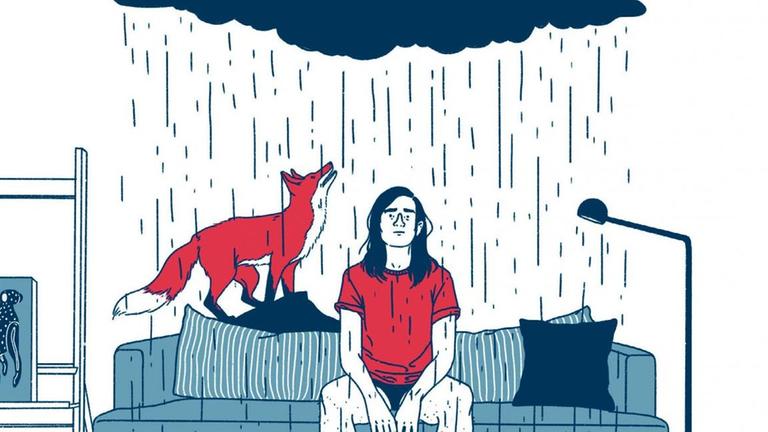 Illustration einer Frau, die mit einem Fuchs unter einer Regenwolke auf einem Sofa sitzt. Illustration einer Frau, die mit einem Fuchs unter einer Regenwolke auf einem Sofa sitzt.