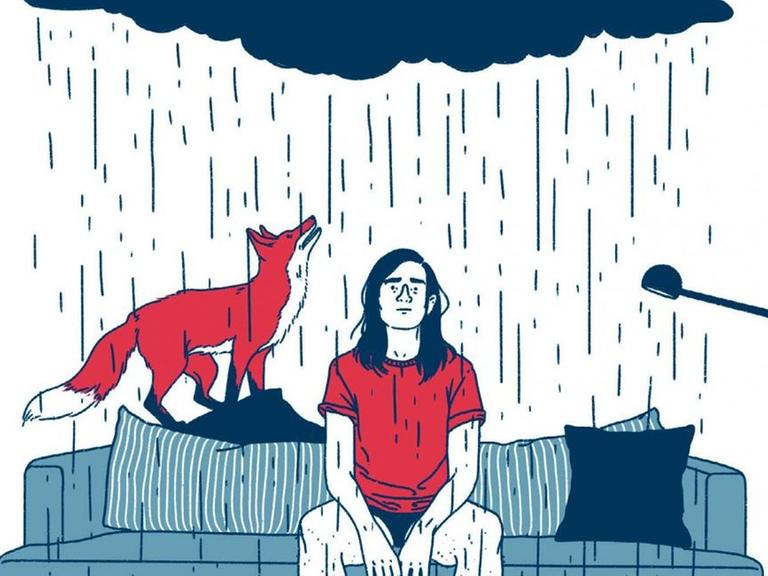 Illustration einer Frau, die mit einem Fuchs unter einer Regenwolke auf einem Sofa sitzt.