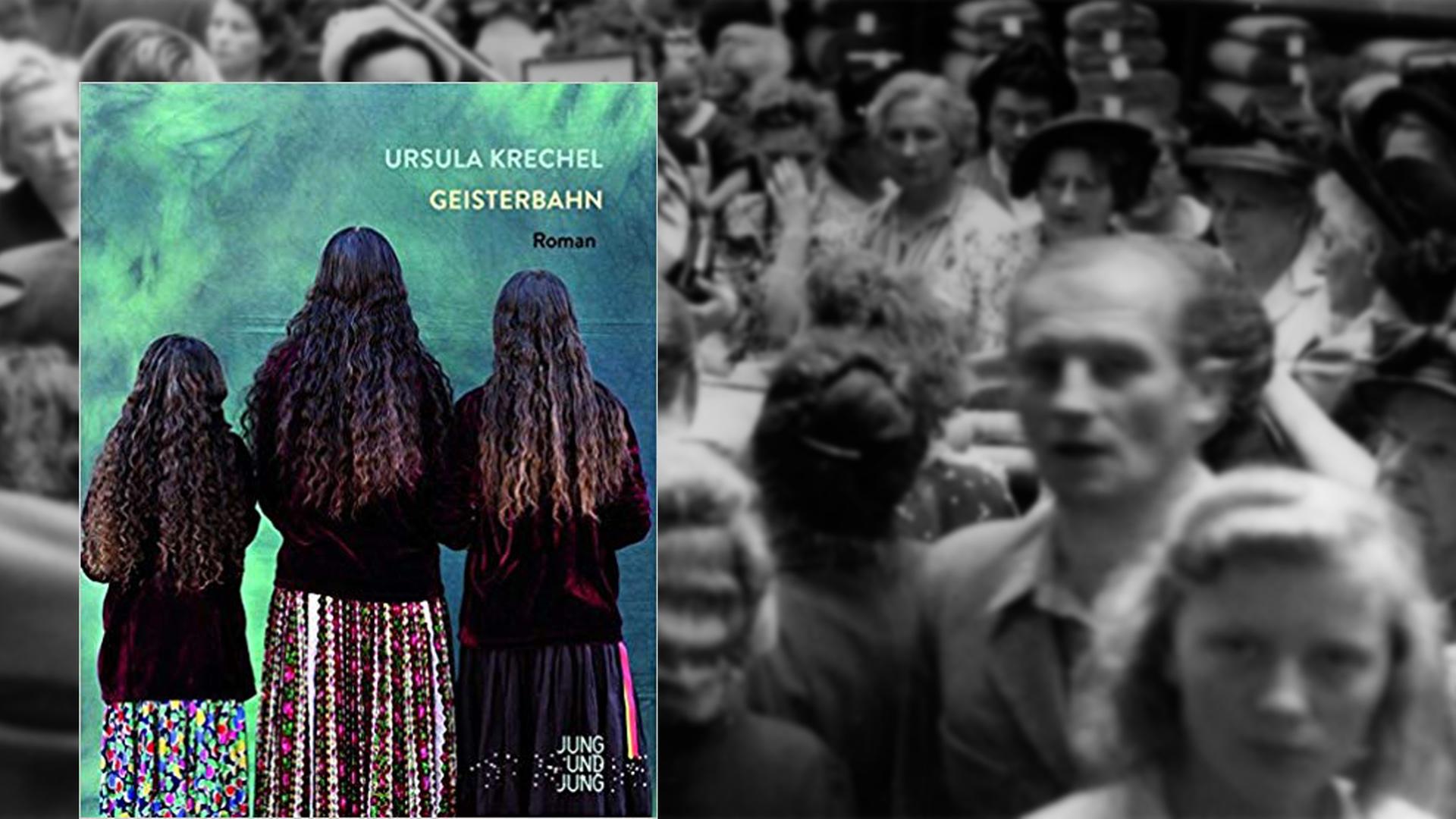 Buchcover Ursula Krechel: "Geisterbahn" - im Hintergrund Menschen beim Einkaufen. Buchcover Ursula Krechel: "Geisterbahn" - im Hintergrund Menschen beim Einkaufen.