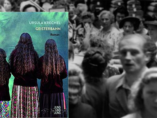 Buchcover Ursula Krechel: "Geisterbahn" - im Hintergrund Menschen beim Einkaufen.