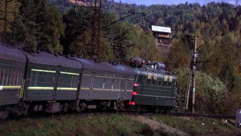 Zu sehen ist ein Zug der Transsibirischen Eisenbahn Verkehr, der durch eine bewaldete Landschaft fährt.