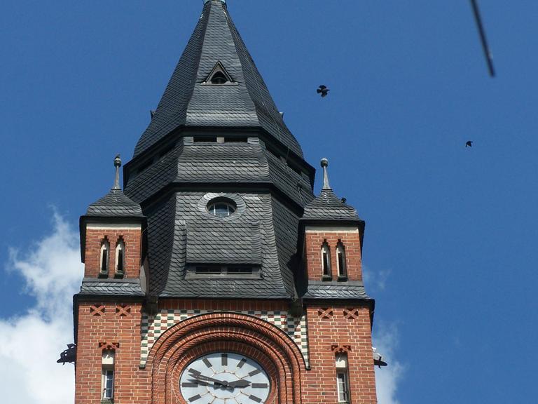 Am Rathaus Köpenick in Berlin fliegt eine Dohle vorbei.