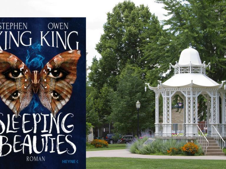 Buchcover "Sleeping Beauties" vor dem Hintergrund eines Uni-Campus in Iowa