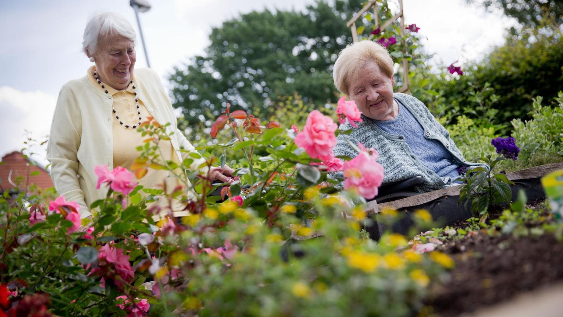 Die Bewohnerinnen Ingeborg Kohlhauer (l, 89) und Ilse Wenz (r., 82) in Neu-Isenburg (Hessen) im Altenpflegeheim "Am Erlenbruch" im Sinnesgarten des Hauses. Die Bewohnerinnen Ingeborg Kohlhauer (l, 89) und Ilse Wenz (r., 82) in Neu-Isenburg (Hessen) im Altenpflegeheim "Am Erlenbruch" im Sinnesgarten des Hauses.