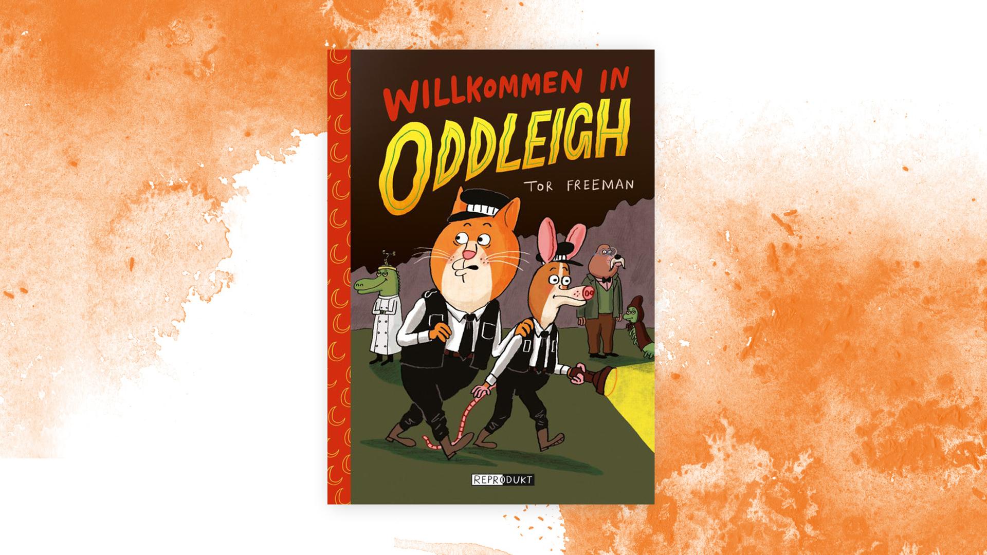 Auf einem Aquarell-Untergrund das gezeichnete Cover des Comics "Willkommen in Oddleigh". Auf einem Aquarell-Untergrund das gezeichnete Cover des Comics "Willkommen in Oddleigh".