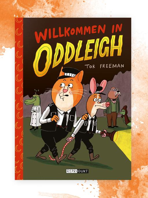 Auf einem Aquarell-Untergrund das gezeichnete Cover des Comics "Willkommen in Oddleigh".