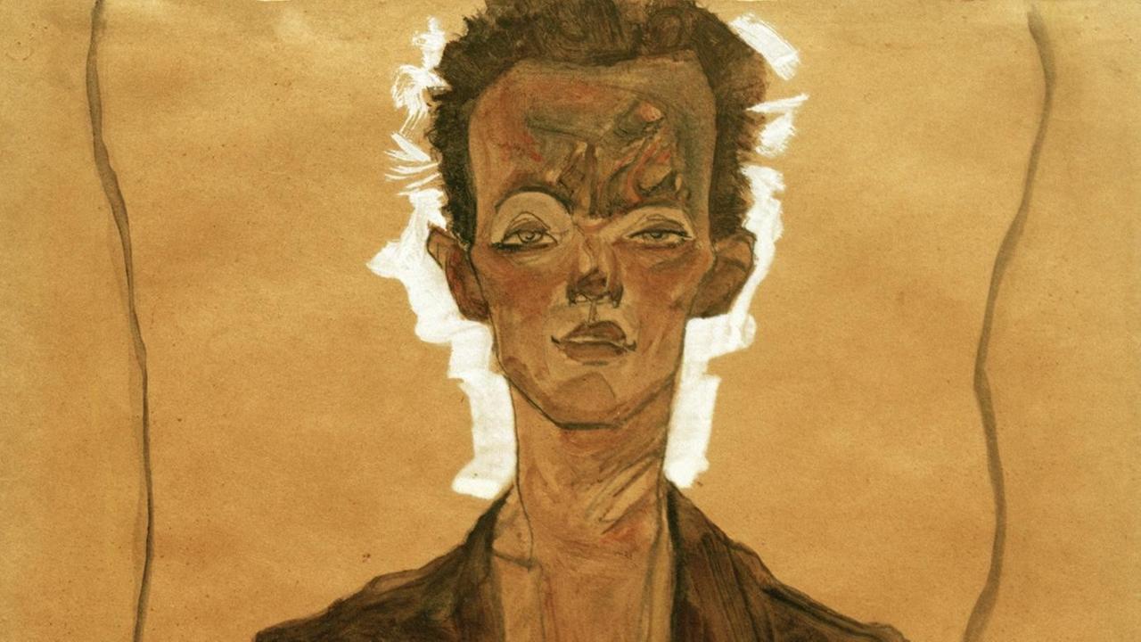 "Selbstbildnis in braunem Mantel" von Egon Schiele (1910, Gouache, Aquarell und schwarzer Buntstift auf Papier, 45,6 x 32,2 cm. Privatbesitz) "Selbstbildnis in braunem Mantel" von Egon Schiele (1910, Gouache, Aquarell und schwarzer Buntstift auf Papier, 45,6 x 32,2 cm. Privatbesitz)