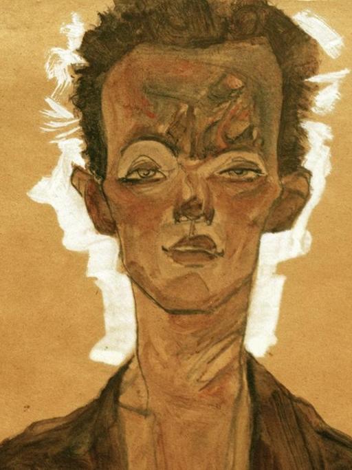 "Selbstbildnis in braunem Mantel" von Egon Schiele (1910, Gouache, Aquarell und schwarzer Buntstift auf Papier, 45,6 x 32,2 cm. Privatbesitz)