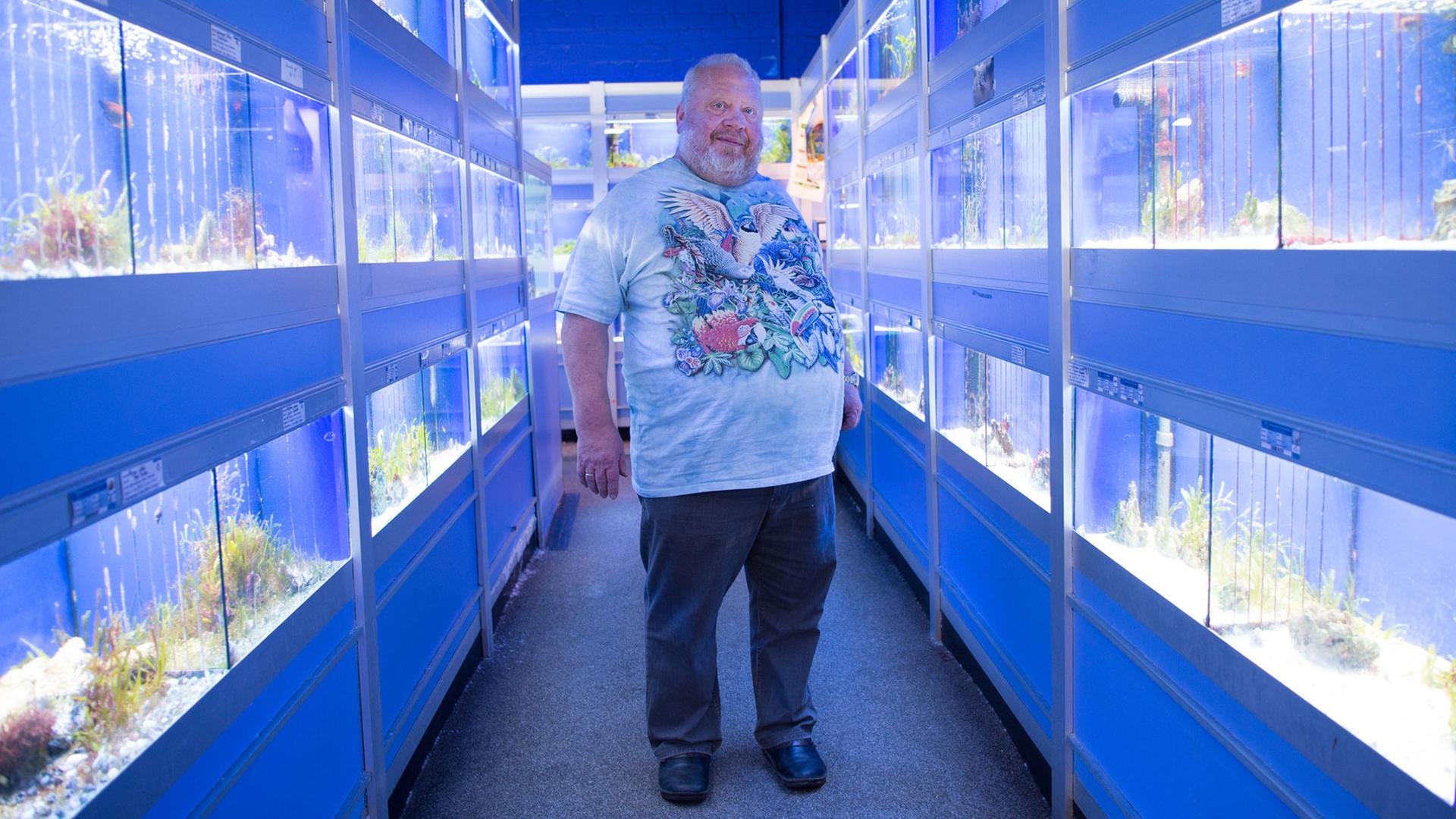 Norbert Zajac steht in seinem Zoogeschäft in Duisburg zwischen zwei Reihen von Aquarien. Norbert Zajac steht in seinem Zoogeschäft in Duisburg zwischen zwei Reihen von Aquarien.