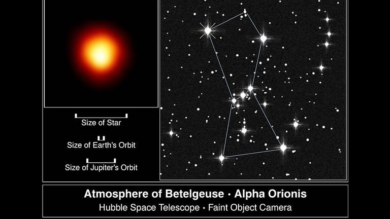 Der rote Riesenstern Beteigeuze ist so groß, dass das Hubble-Weltraumteleskop ihn als Scheibchen auflöst Der rote Riesenstern Beteigeuze ist so groß, dass das Hubble-Weltraumteleskop ihn als Scheibchen auflöst