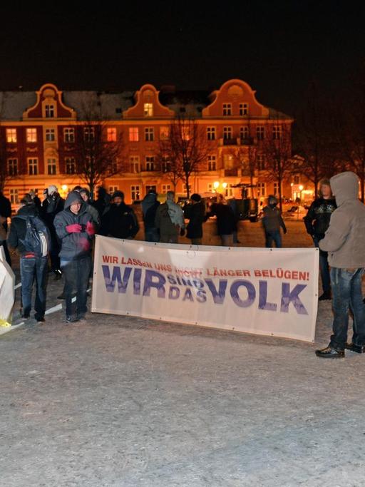 Pogida-Demonstranten stehen am 20.01.2016 auf dem Bassinplatz in Potsdam (Brandenburg) mit einem Transparent "Wir lassen uns nicht länger belügen! Wir sind das Volk".