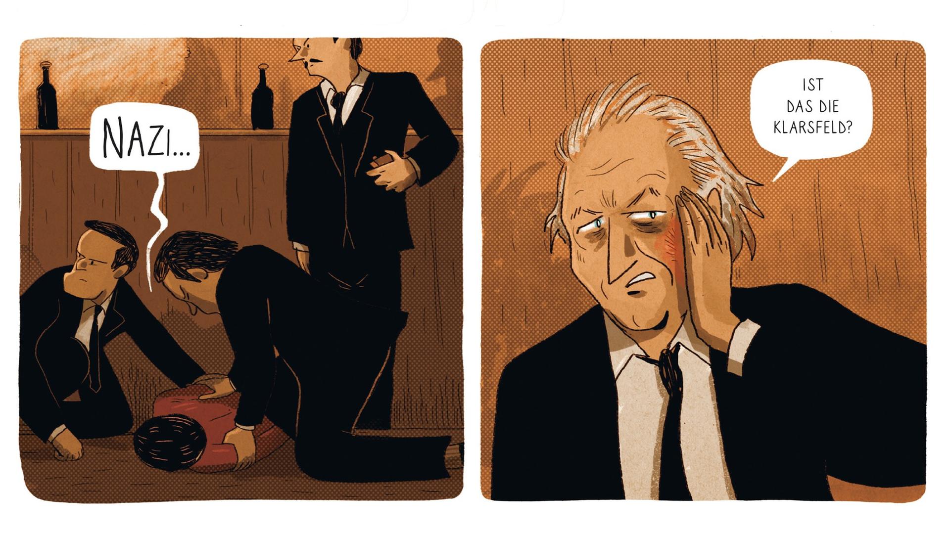 Aus der Graphic Novel: "Beate und Serge Klarsfeld: Die Nazijäger" von Pascal Bresson und Sylvain Dorange, Carlsen Verlag, 2021. Aus der Graphic Novel: "Beate und Serge Klarsfeld: Die Nazijäger" von Pascal Bresson und Sylvain Dorange, Carlsen Verlag, 2021.
